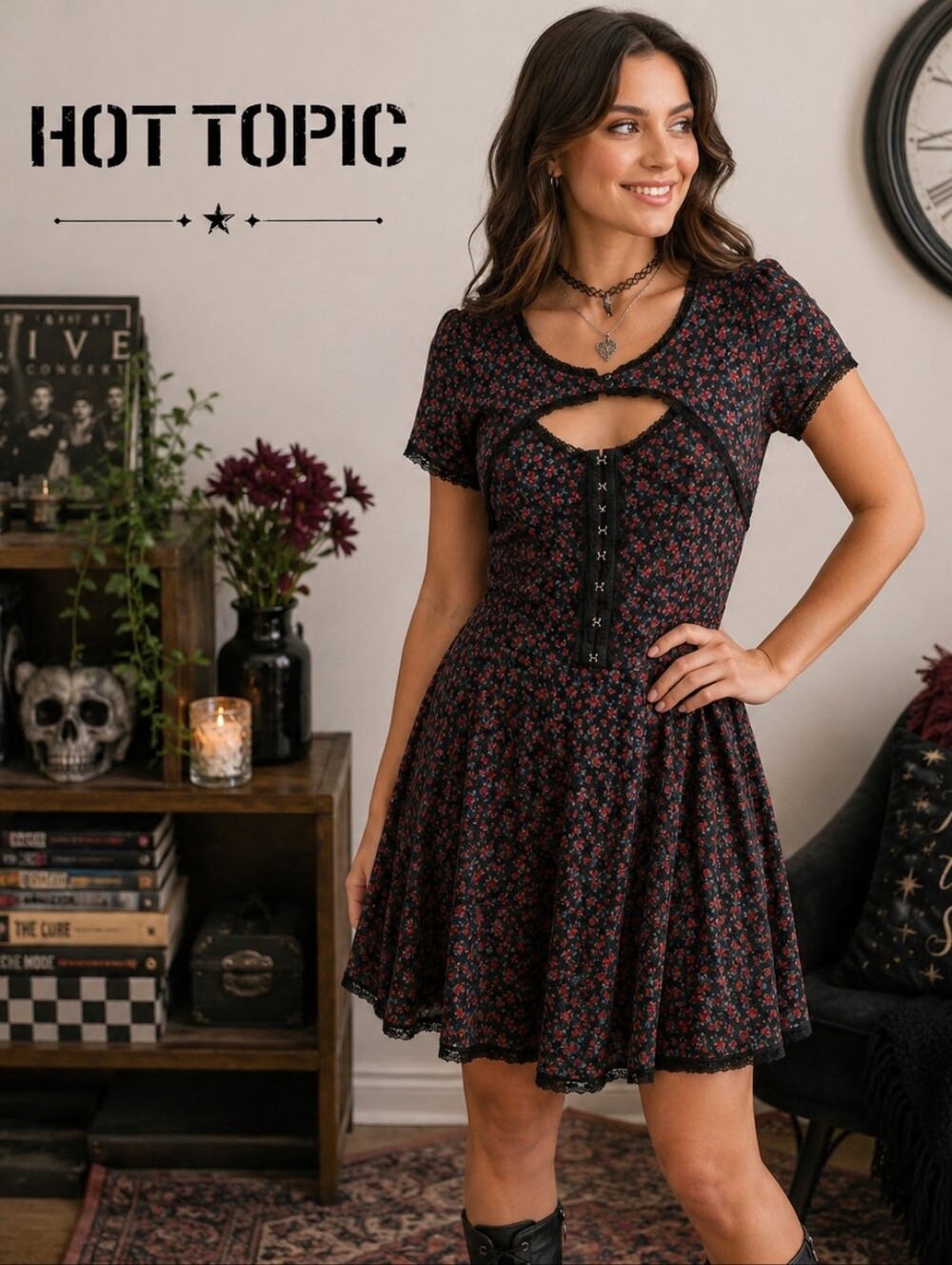 Hot Topic Floral Rockabilly Lace Trim Fit & Flare Mini Dress Black Red Size M